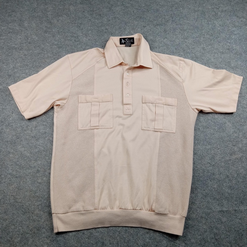 Vintage‎ Alan Stuart Shirt Mens Medium Beige Banded Bottom Polo 2 Pocket 90s